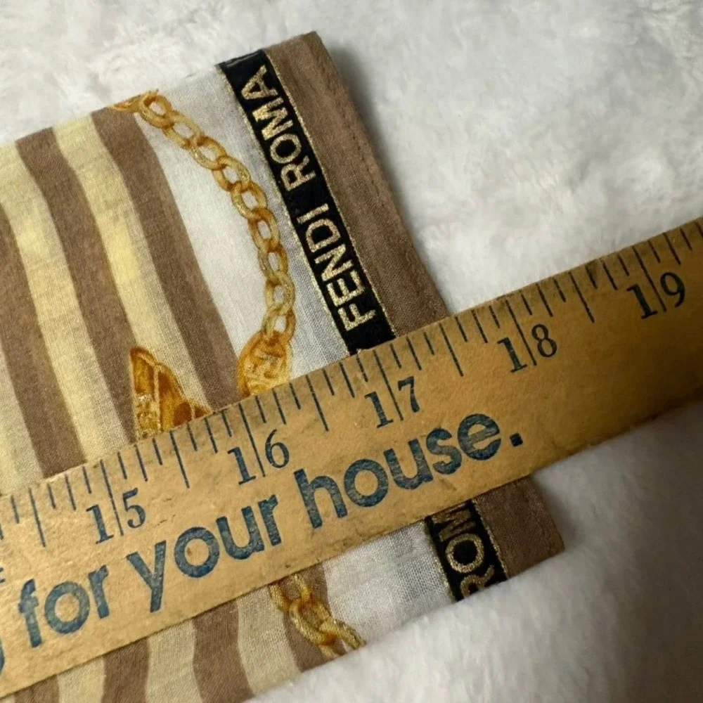 Vtg FENDI Scarf Handkerchief Striped Brown Cream Gold 17.5
